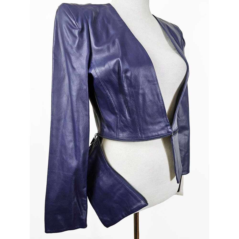 Hal Rubenstein Small Dark Purple Leather Blazer Jacket Retro Cropped - Picture 8 of 11